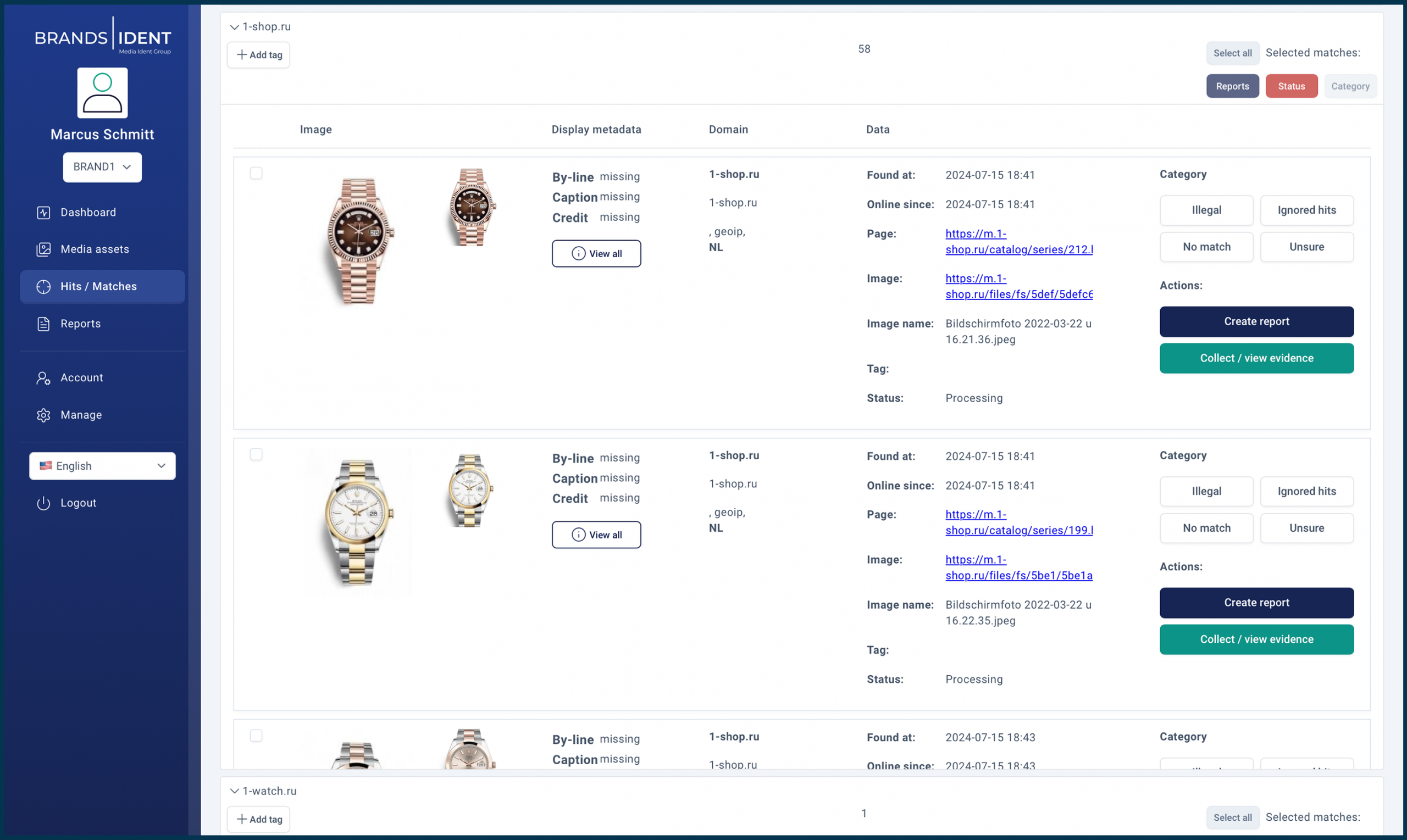 Brand asset monitoring interface detecting illegal product use online | BRANDS-IDENT